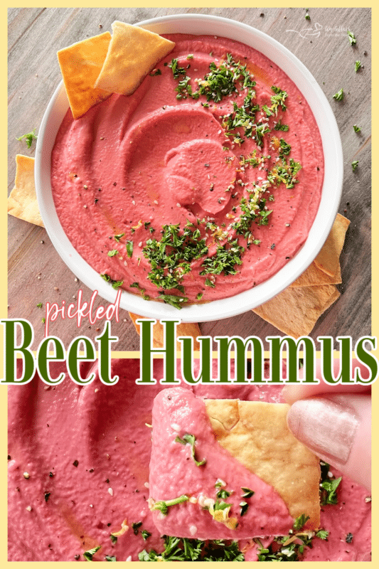 two images of pink hummus with text