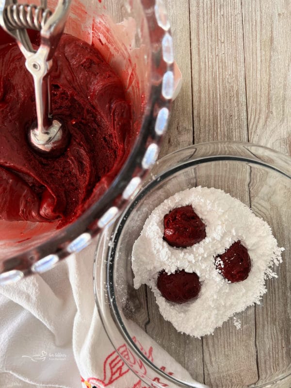 red velvet cake mix batter with powdered sugar