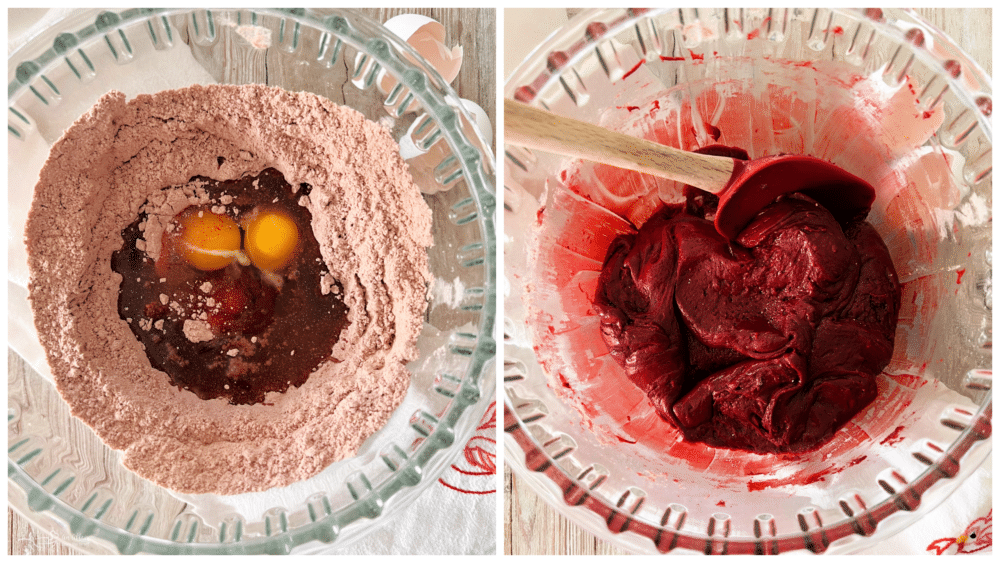 adding eggs and oil to cake mix in bowl and mixing with spoon