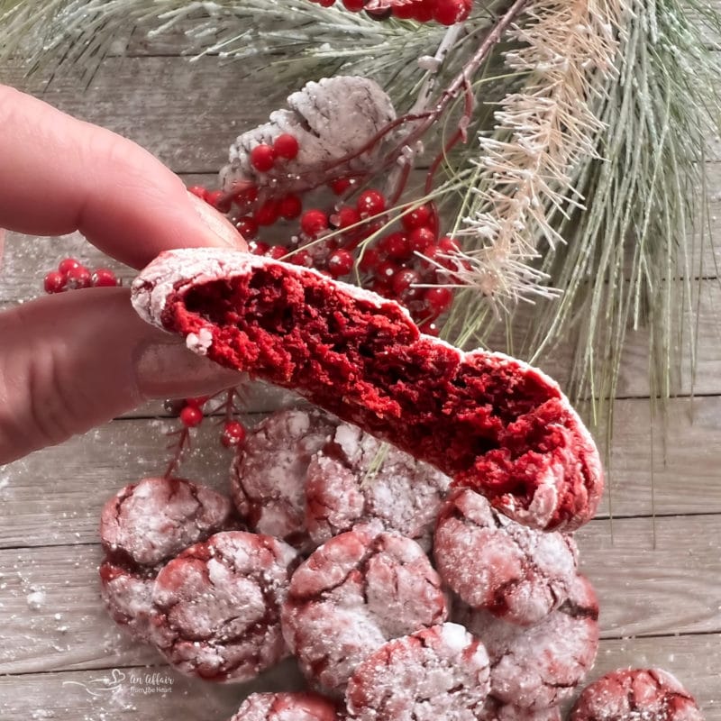 close view of red velvet cake mix cookies