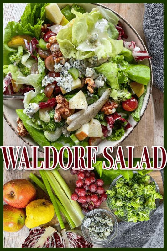 two images of Waldorf salad with chicken and fruit 
