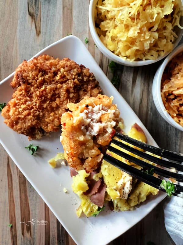 Breaded pork cutlet bite up close