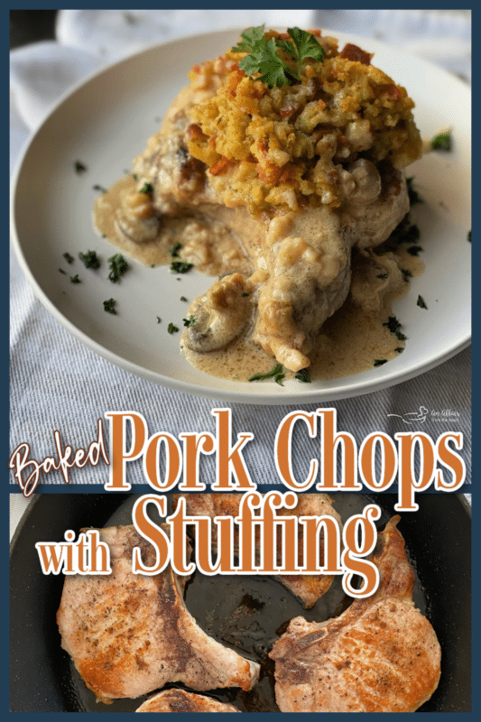 plate of baked pork chops with stuffing and gravy above image of seared pork chops in skillet