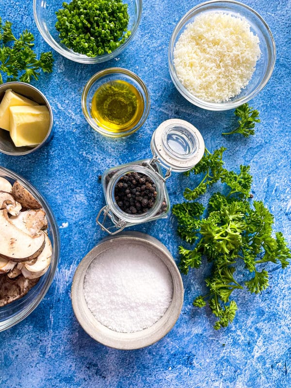 parmesan, parsley, chives, oil, salt, pepper, butter, mushrooms, salt