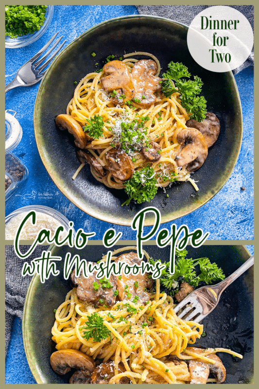 two images of cacio e pepe with mushrooms 