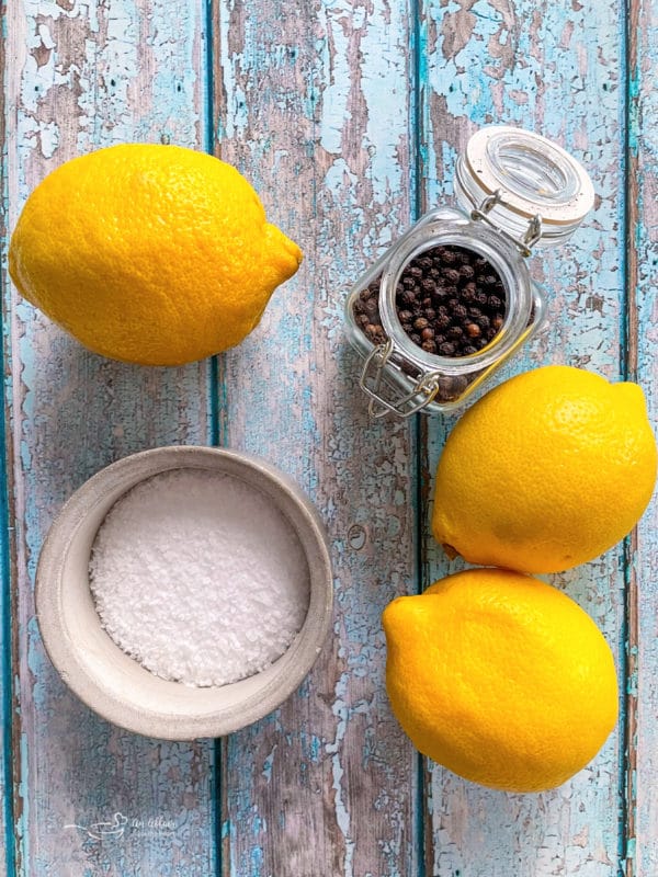 three lemons, salt, peppercorn