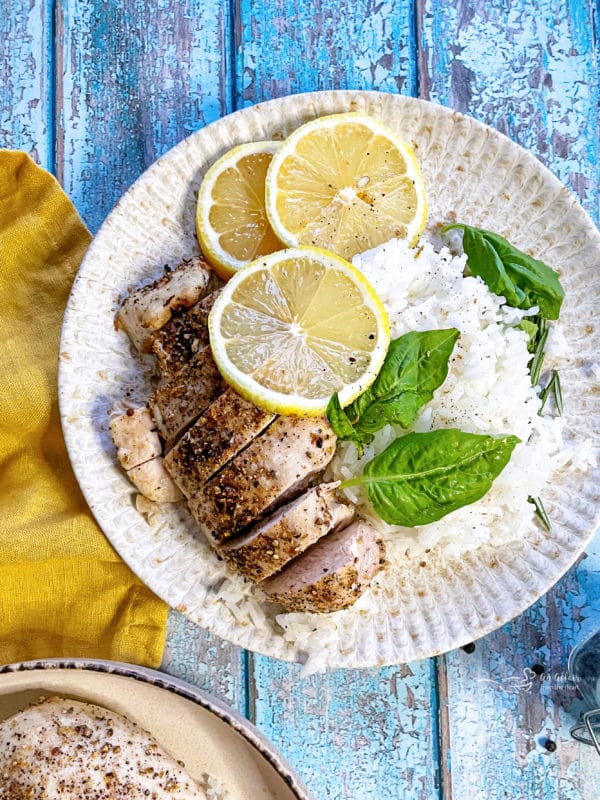 white pate with chicken, lemons, basil, and rice