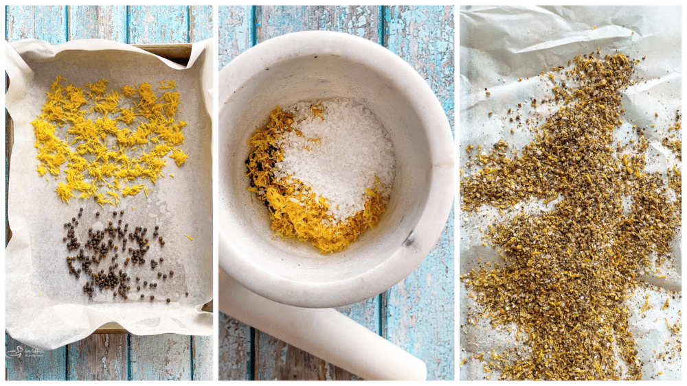 lemon zest and pepper corns on baking sheet for oven then blended lemon pepper mix 