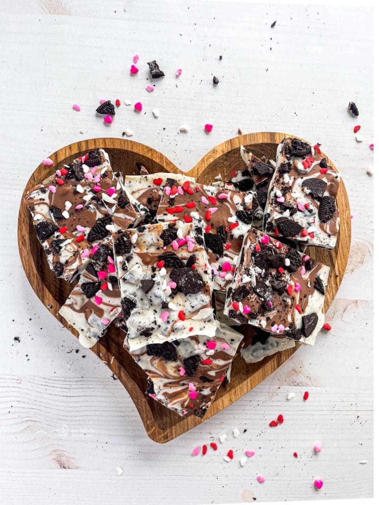 heart dish Oreo bark and sprinkles