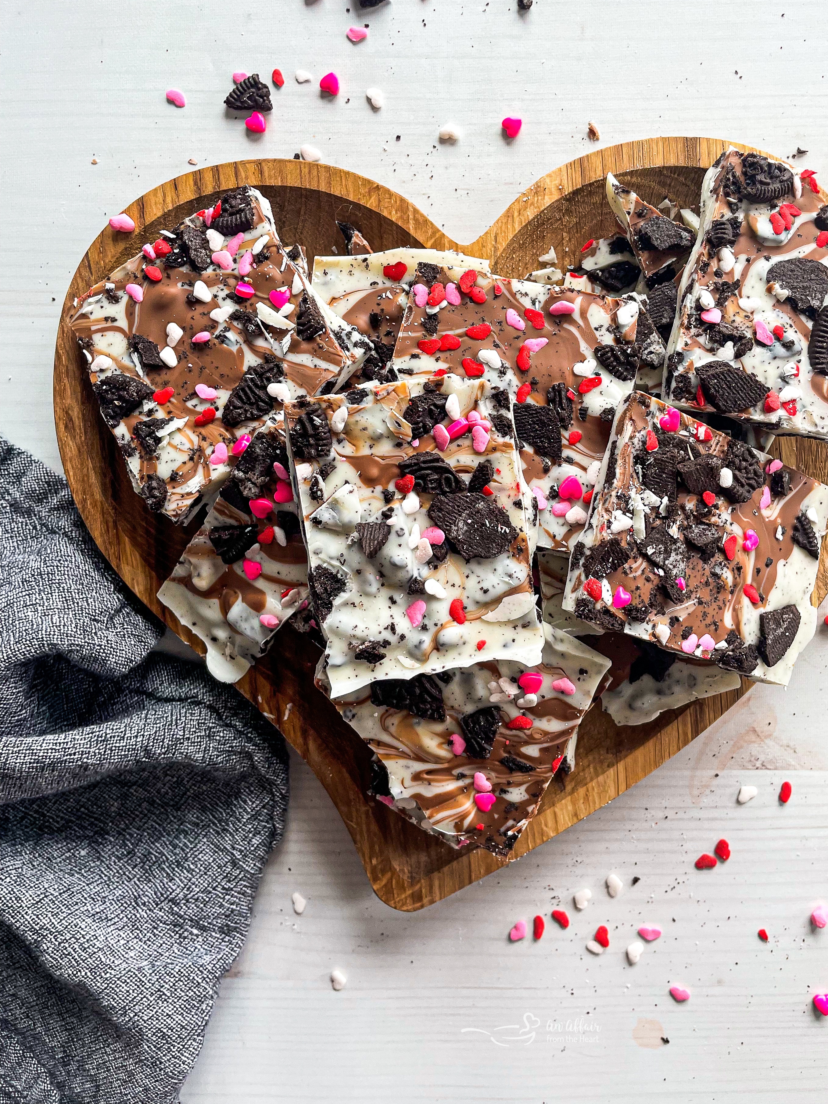 heart dish with Oreo cookie bark with sprinkles