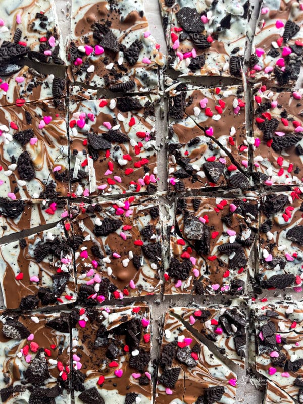 squares of Oreo bark with sprinkles 