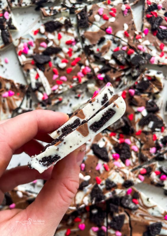 oreo cookie bark in hand