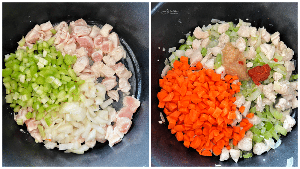 cooking chicken in pan with carrots, onions, and celery with tomato paste