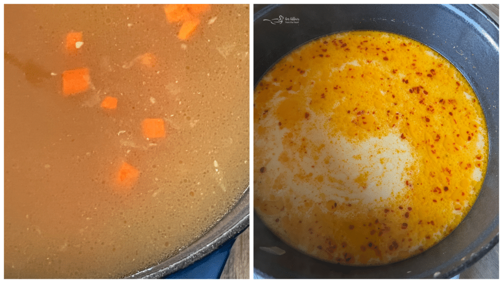 broth and cream in saucepan with red pepper flakes and ginger