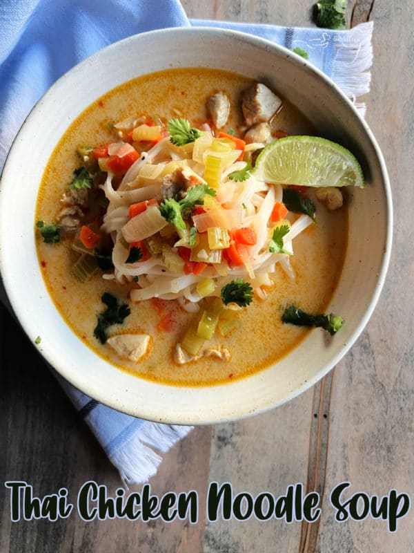 white bowl with Thai chicken noodle soup