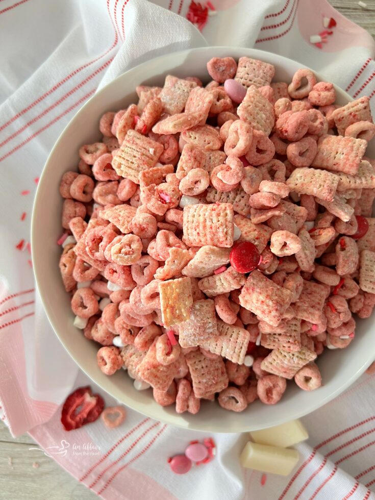 white bowl with strawberry chex mix