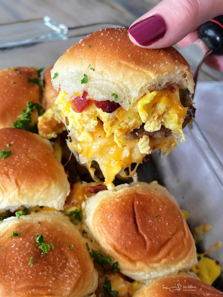 close view of breakfast slider with cheese and parsley
