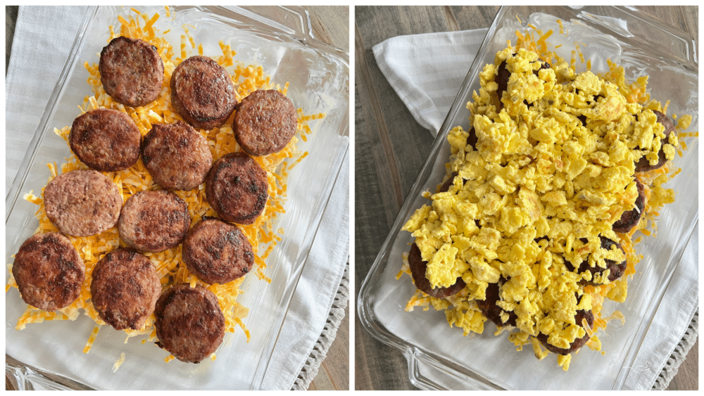 sausage on top of cheese in pan with eggs on top