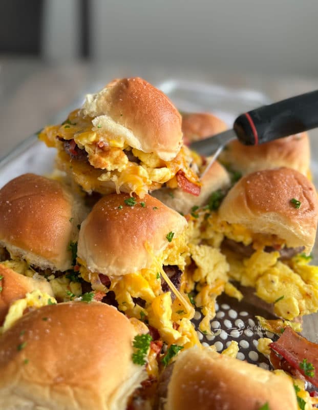 close view of sausage egg sliders with cheese