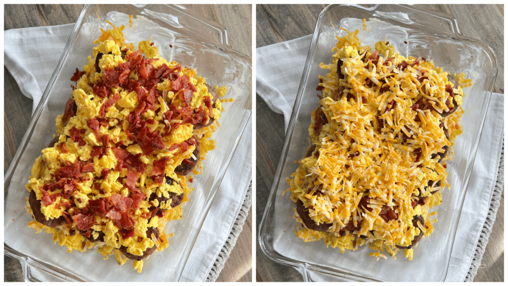 casserole dish with sausage, eggs, bacon, and cheese