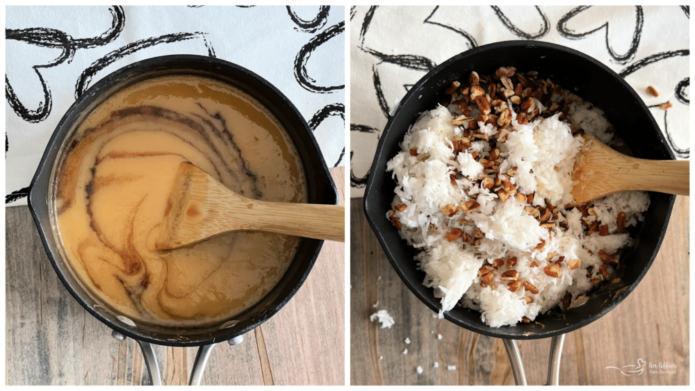 making the coconut frosting in a saucepan with pecans and shredded coconut and sugar and butter