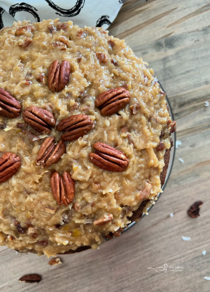 German chocolate cake with coconut pecan frosting