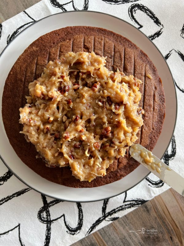 top view of icing on German chocolate cake 