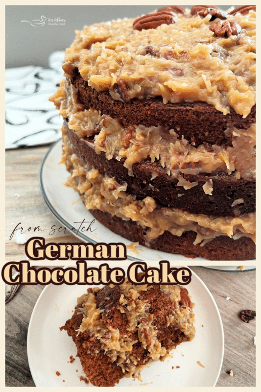 two images of German chocolate cake with coconut pecan frosting 