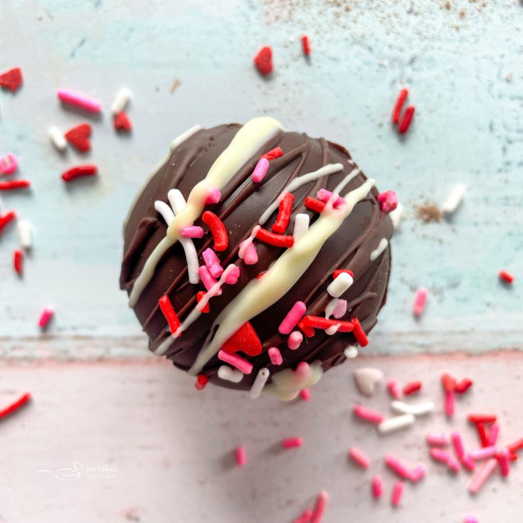 white chocolate drizzled and candy sprinkled hot chocolate bomb
