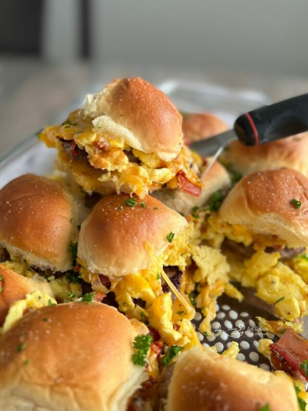 close view of sausage egg sliders with cheese