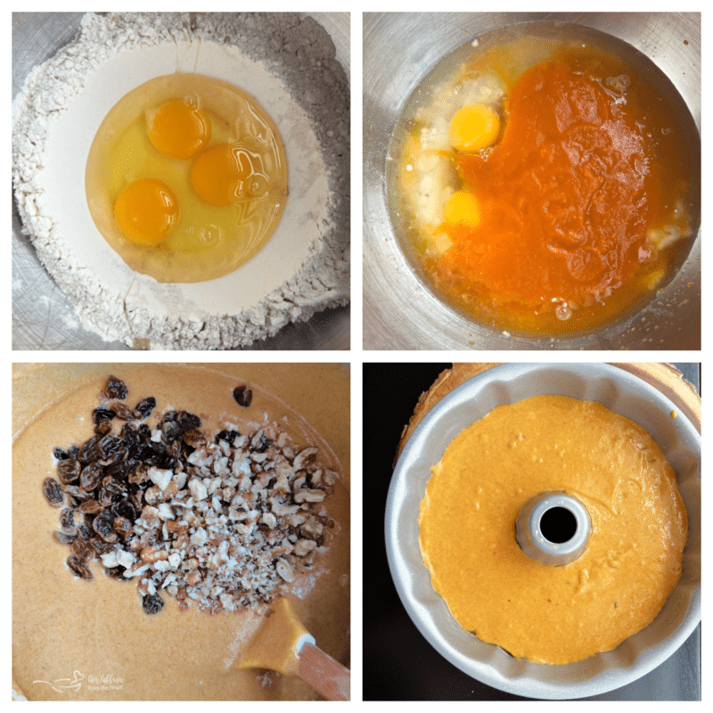 Mix cake mix, flour, carrots, eggs and water together.