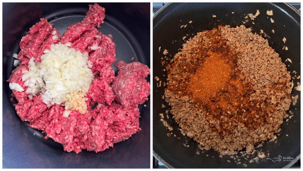 Add taco seasoning to the browned ground beef.