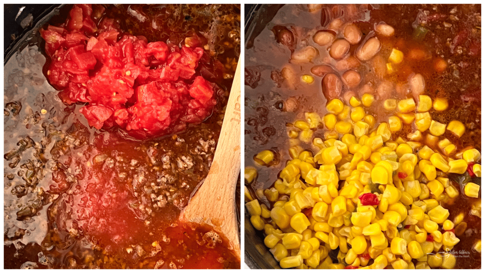Add in purèed tomatoes, diced tomatoes, pinto beans, MexiCorn and beef stock to the pot.