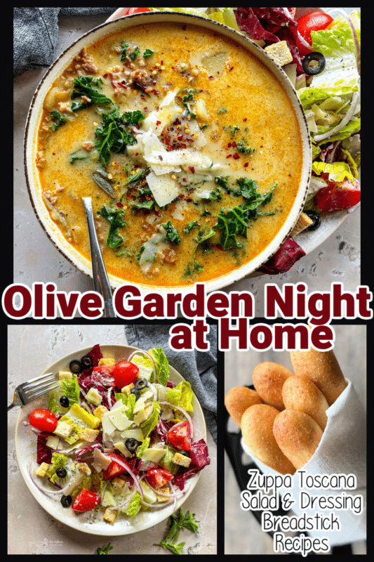 Olive Garden Night at home pinterest pin - soup, salad and breadsticks