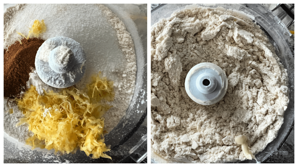 In the bowl of your food processor fitted with a metal blade, pulse the flour, sugar, baking powder, salt, lemon zest and cinnamon together.