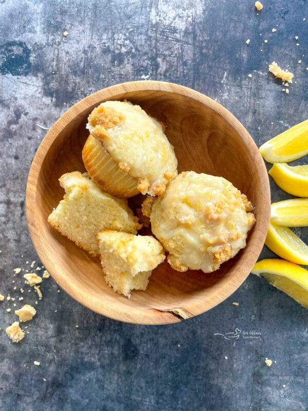 Overhead photo of lemon muffins in bowl