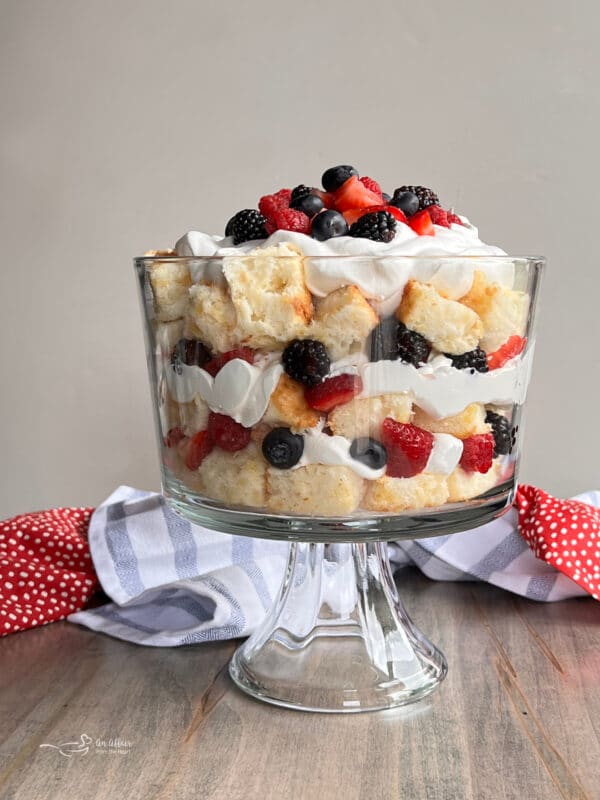 Berry Trifle in clear glass bowl side view