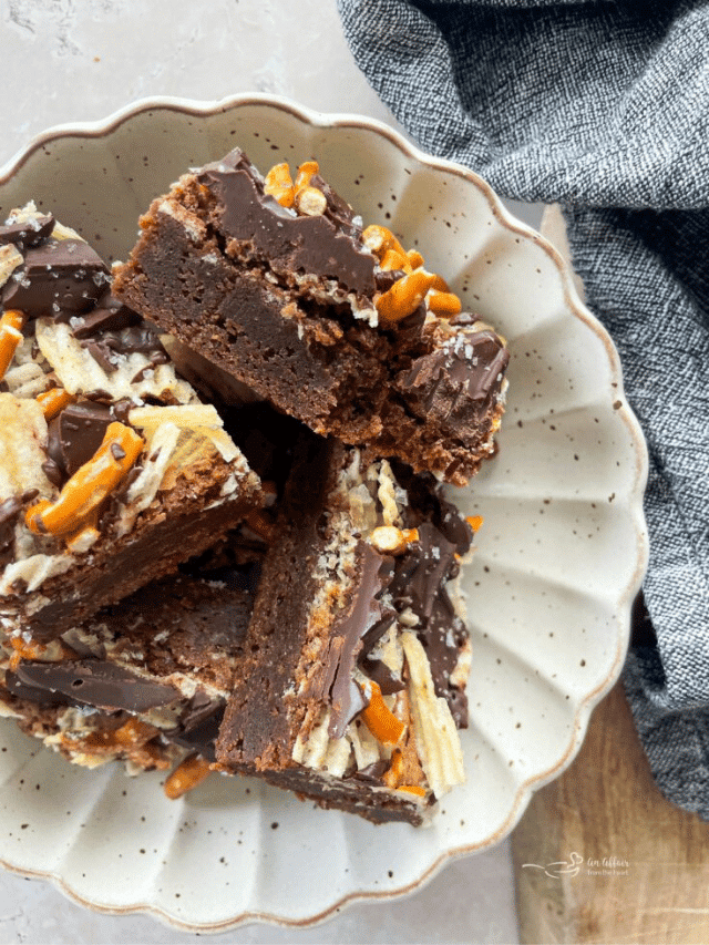 sweet and salty brownies on a scalloped plate