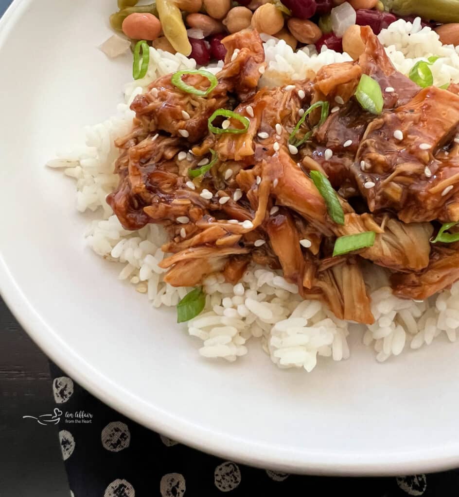 Teriyaki Chicken over rice on a white plate