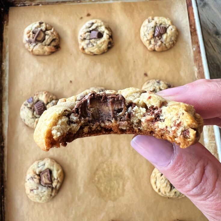 Close up of a bite out of a Reese's Peanut Butter Cup Cookie.
