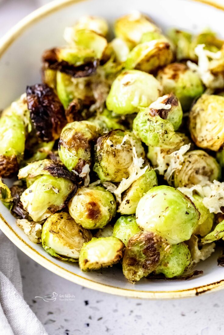 Extreme close up of air fryer brussels sprouts.