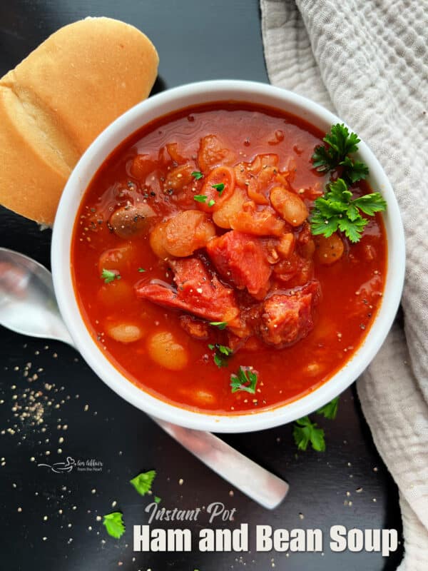Instant Pot Ham and Bean Soup in a white bowl