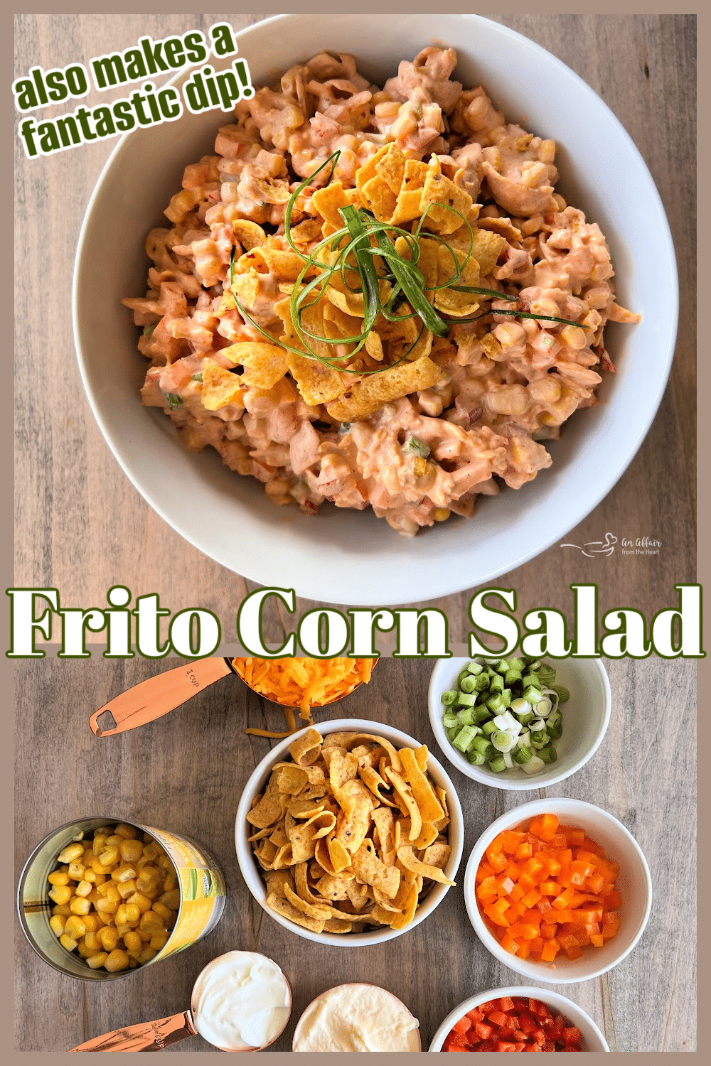 Fiesta Frito Corn Salad 9 A vibrant Frito Corn Salad in a serving bowl with a spoon, ready to be enjoyed at a gathering