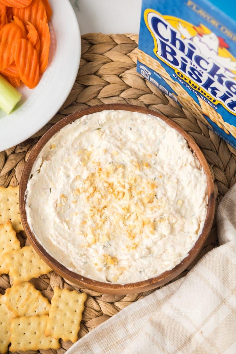 Chicken in a Biskit Dip in a wooden bowl.