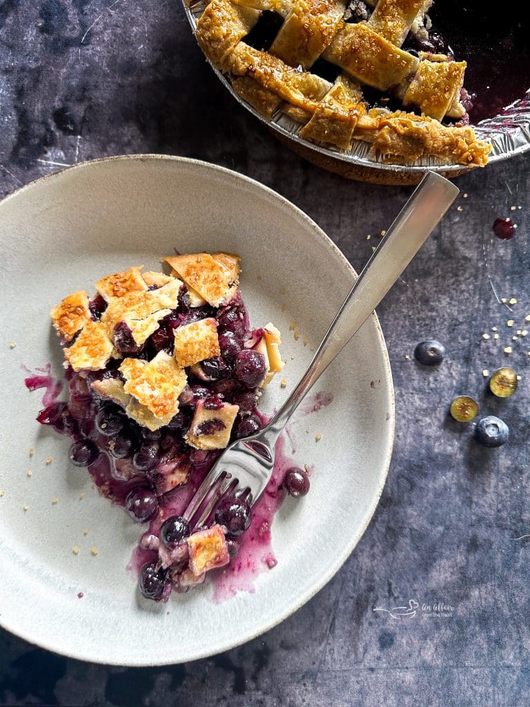 Close up of a slice of blueberry pie and a fork on a white plate