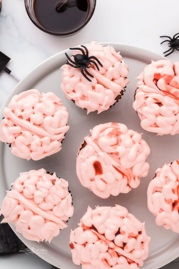 Overhead of cupcakes on a serving plate