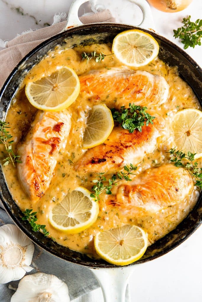 Lemon chicken in a cast iron skillet