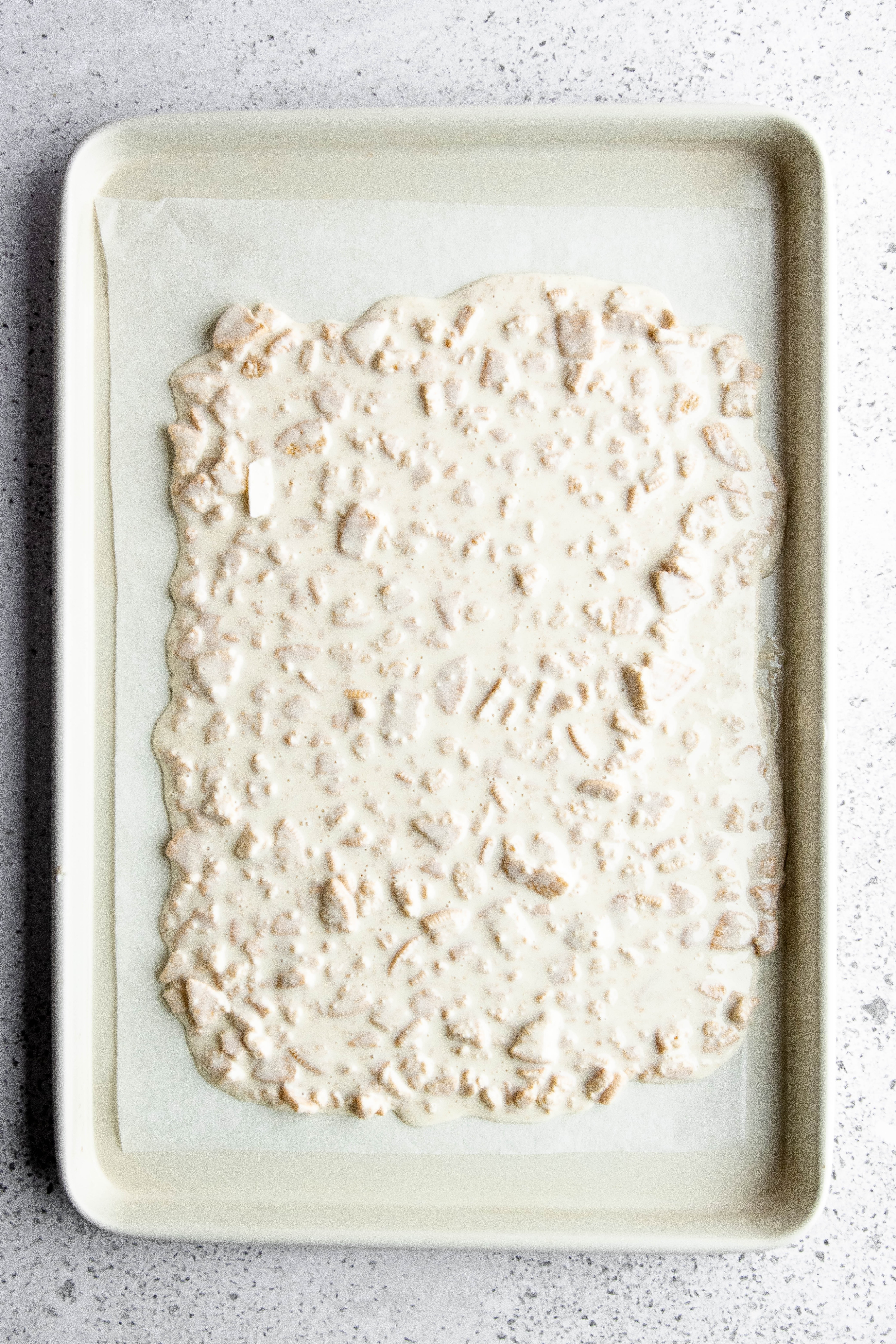 Hauntingly Simple Oreo Mummy Bark 12 Melted chocolate and crushed Oreos mixed together