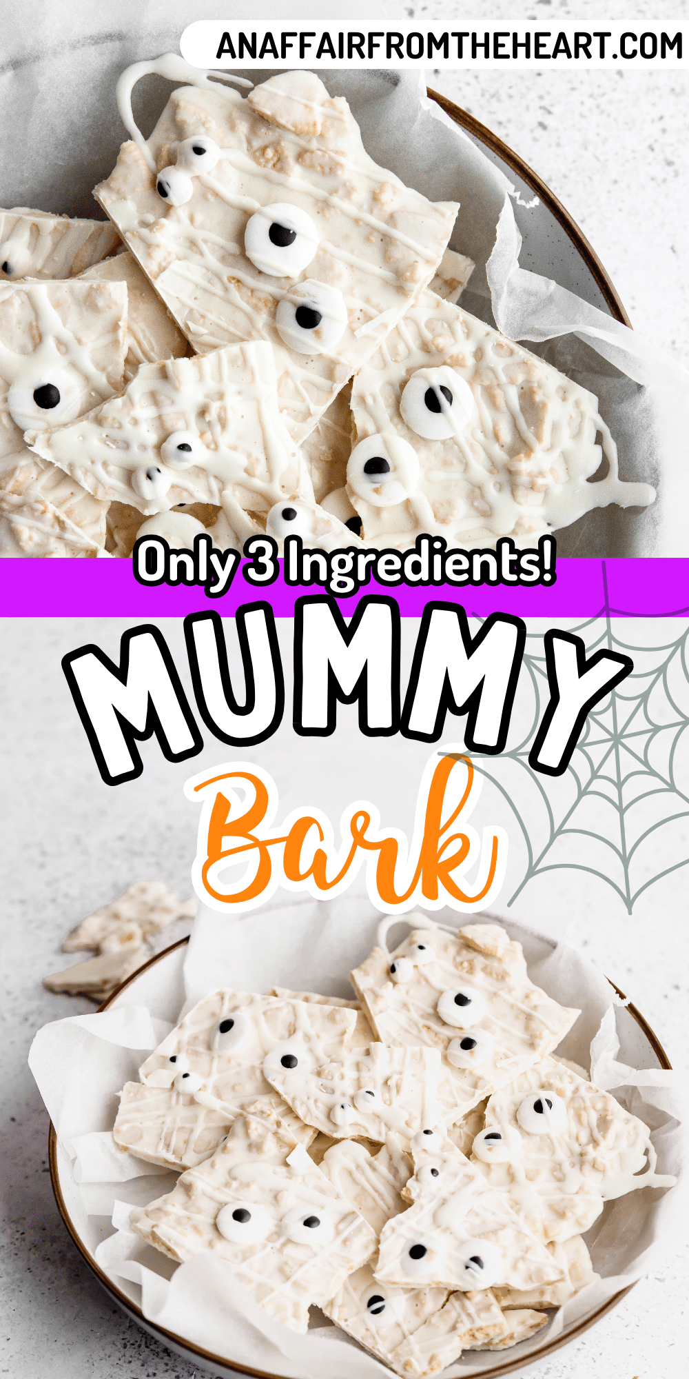 Hauntingly Simple Oreo Mummy Bark 16 A graphic of mummy bark with text 'Love it? Pin it!'