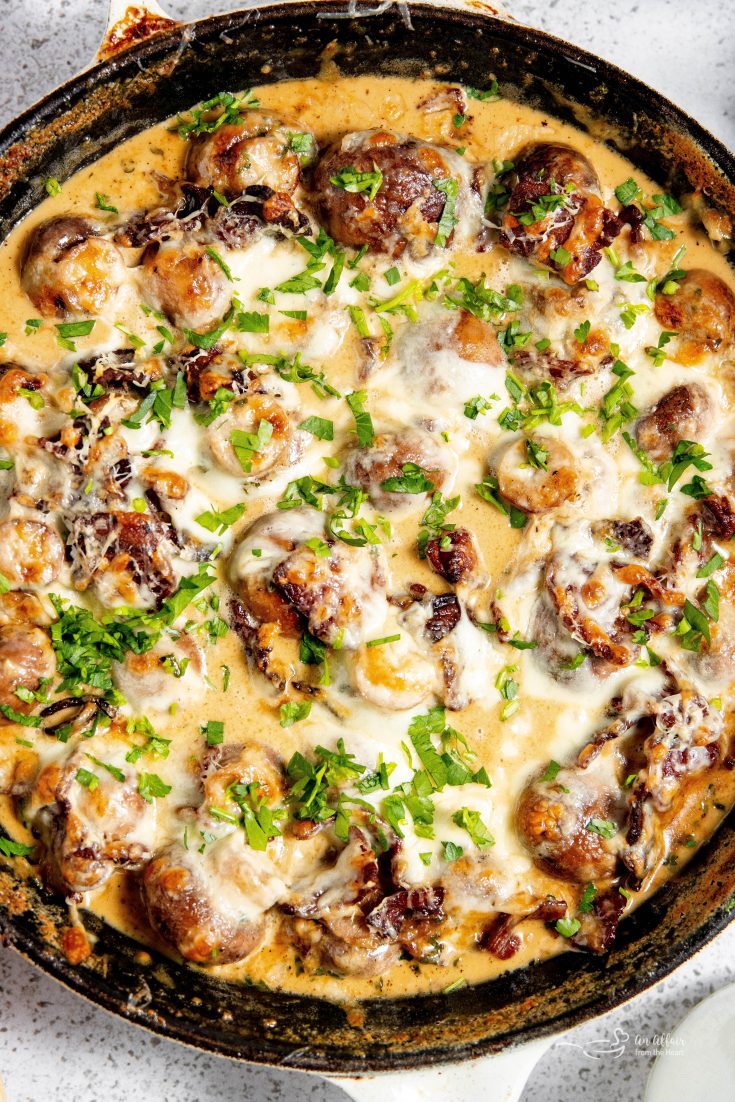Extreme close up of Creamy Mushrooms with Bacon